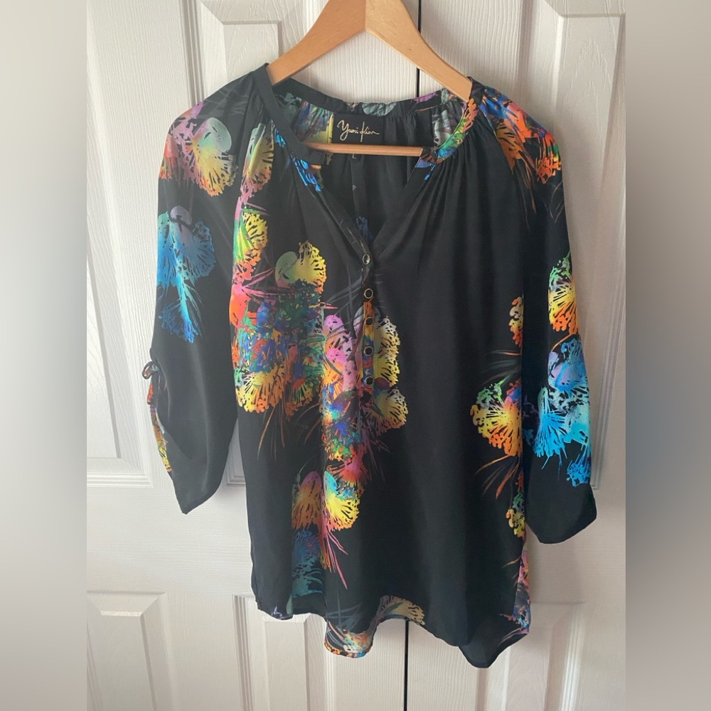 Yumi Kim Black Neon Floral 100% Silk Tie Sleeve Semi-Sheer Henley Blouse SZ L